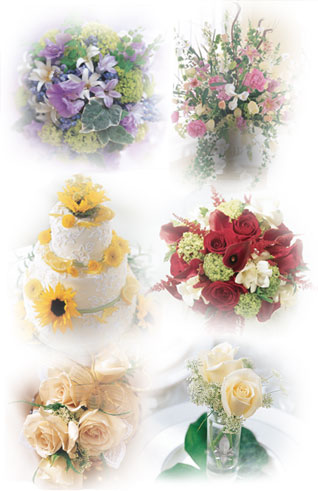 Shown here are a few ideas for your wedding, including (clockwise from the top left): a bouquet featuring blue, lavender and yellow hues; a large urn overflowing with pink and white hues; sunny yellow accents to a lovely wedding cake; a bouquet featuring vibrant red hues; a clutch bouquet of cream roses perfect for a bridesmaid; and a charming vase of roses for a reception table. 